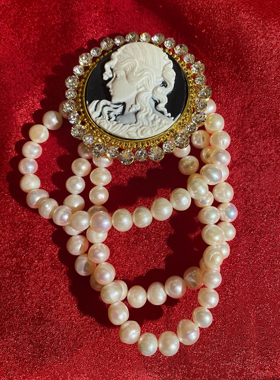 Gorgeous Huge Cameo Bracelet with Fresh Culture Pearls and Rhinestones